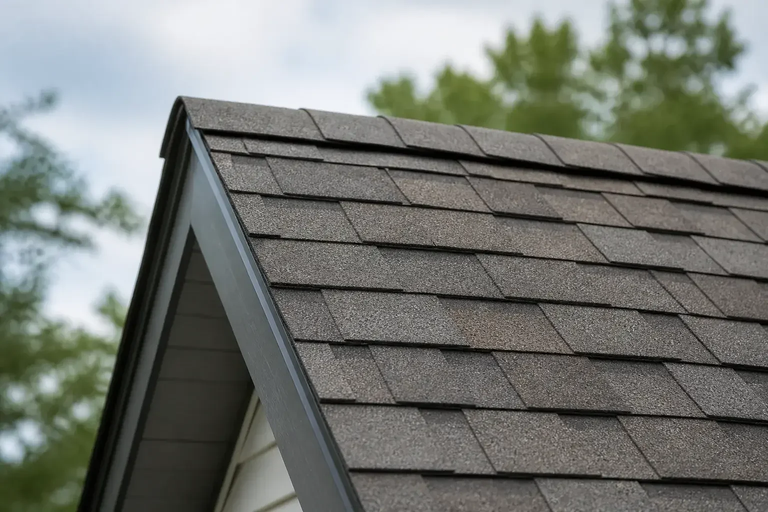 Close view of neat shingles and flashing on a finished roof