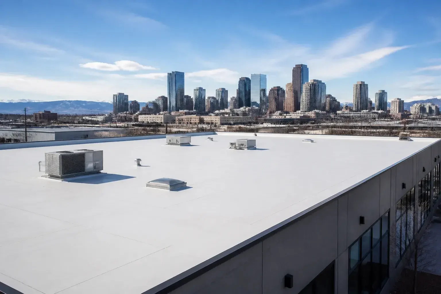 Completed commercial roof with a Denver skyline backdrop