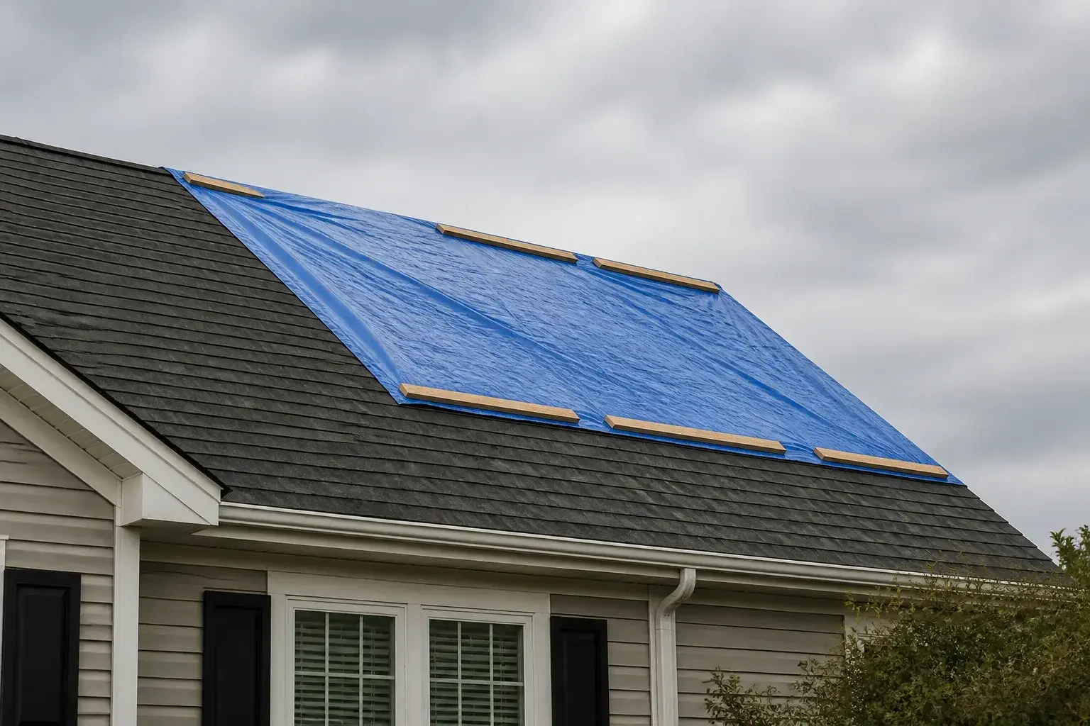Weatherproofed roof section after emergency service