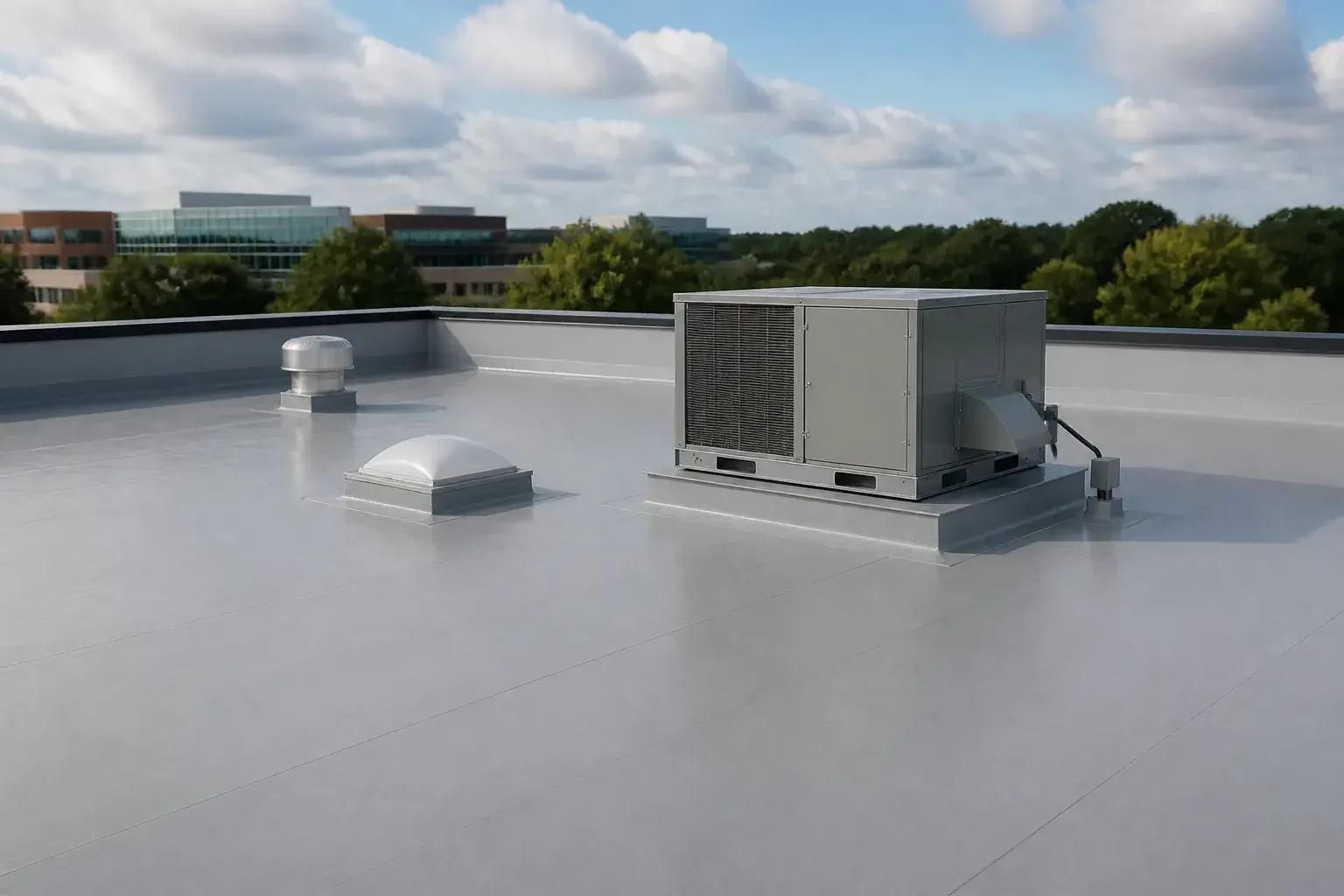 Finished flat roof with smooth membrane and clean flashing