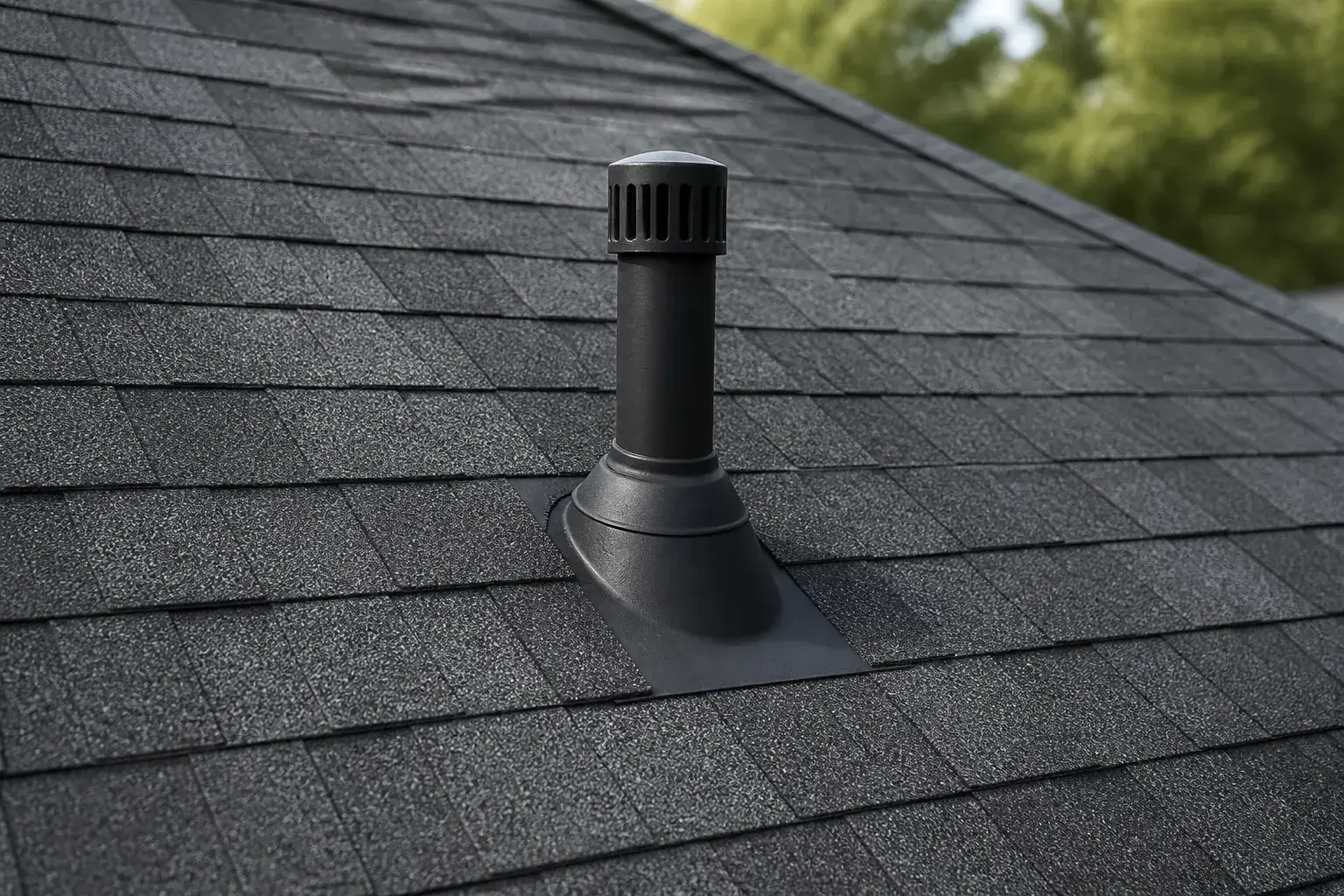 Repaired roof section with neat flashing and matching shingles