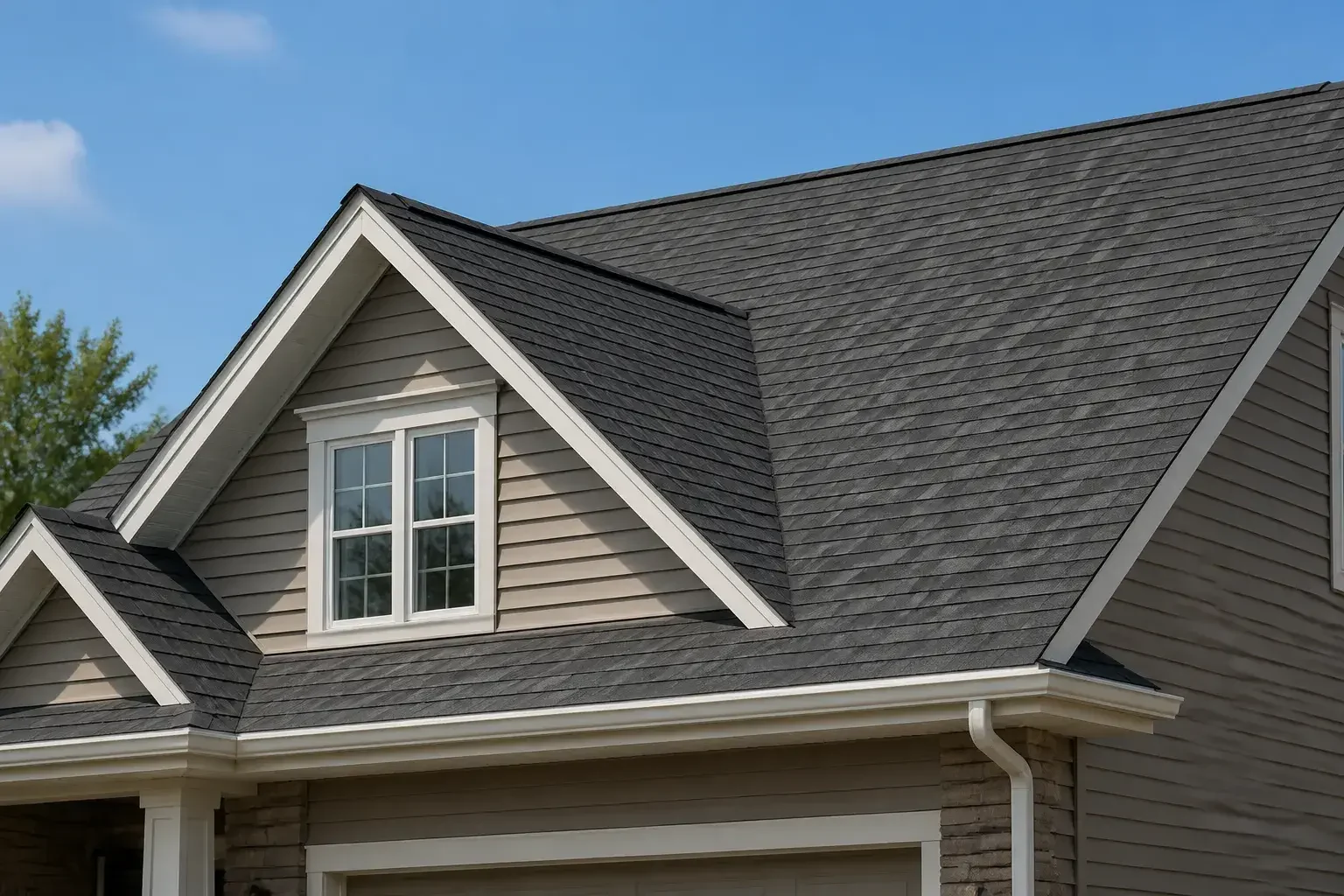 Newly replaced shingle roof on a finished house