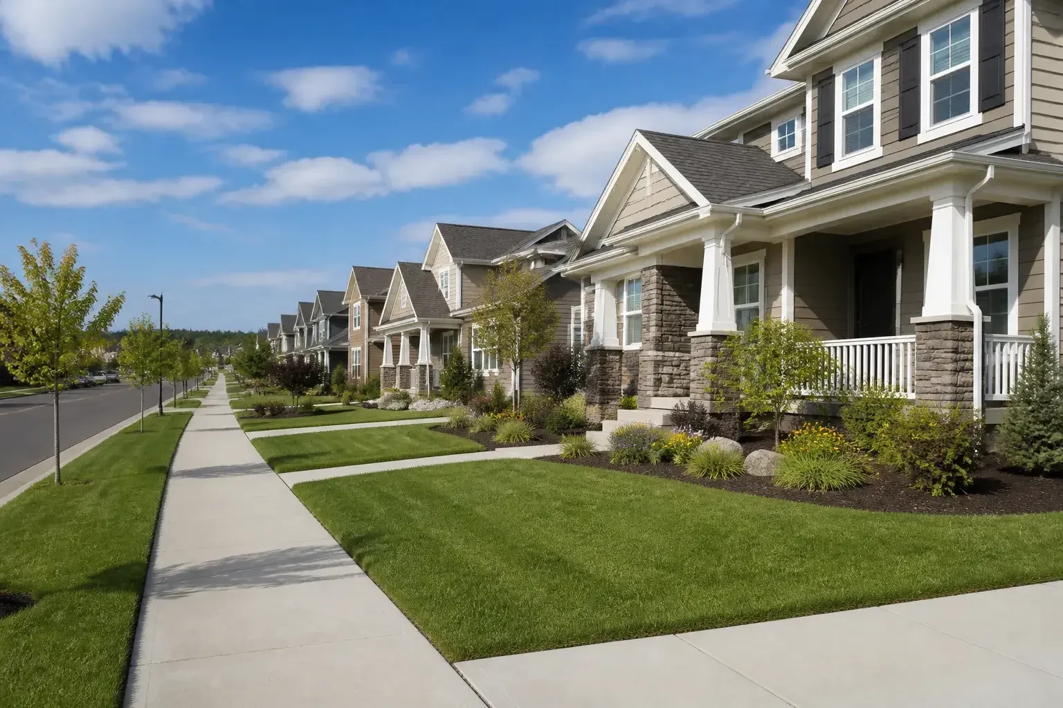 Aurora suburban street with tidy homes and open sky