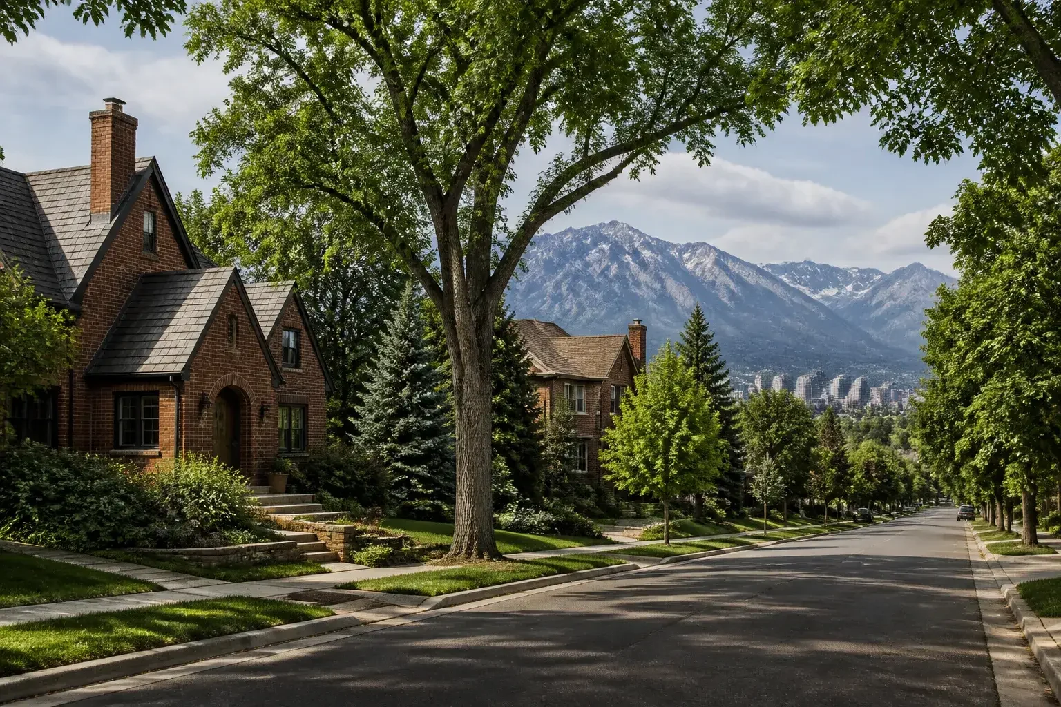Denver neighborhood street with homes and mountain views