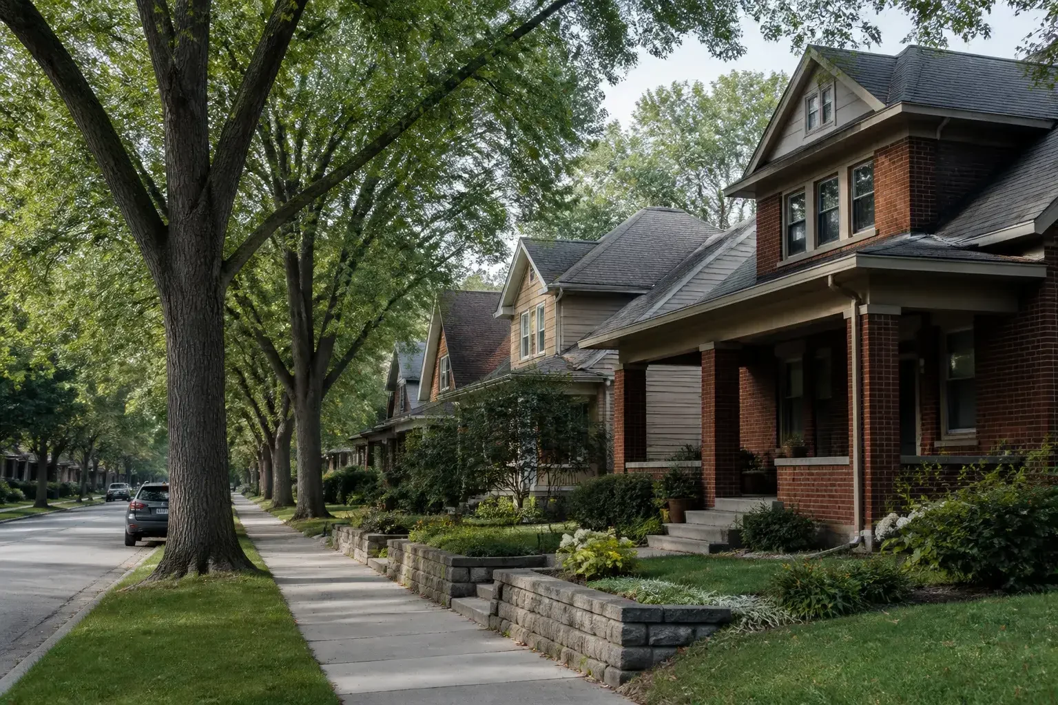 Englewood street with mature trees and well-kept homes