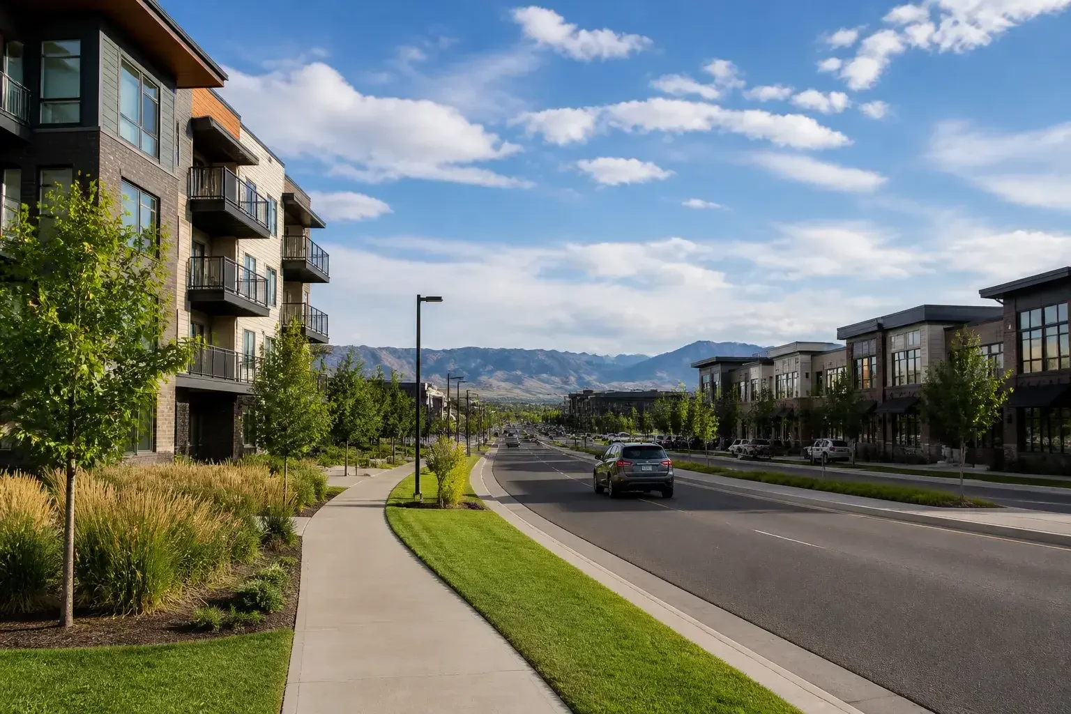 Westminster street with modern homes and wide skies